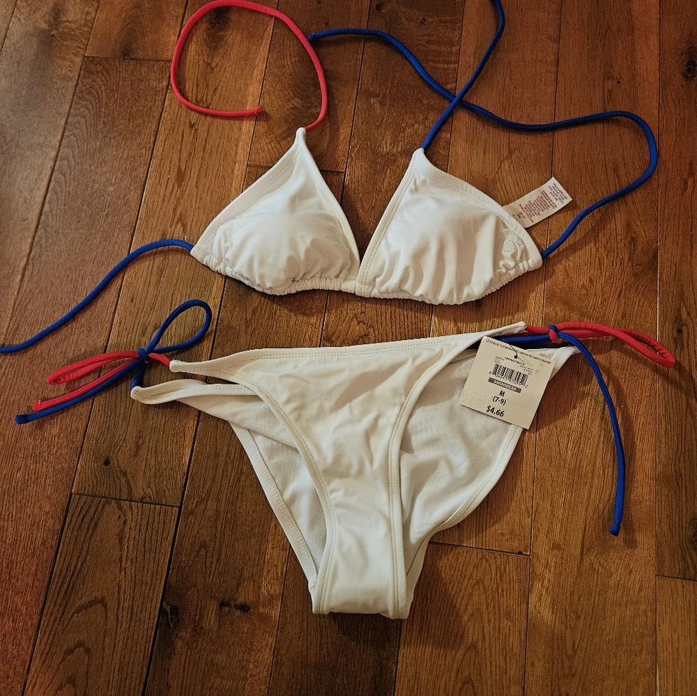 White Triangle String Bikini with Red & Blue Ties